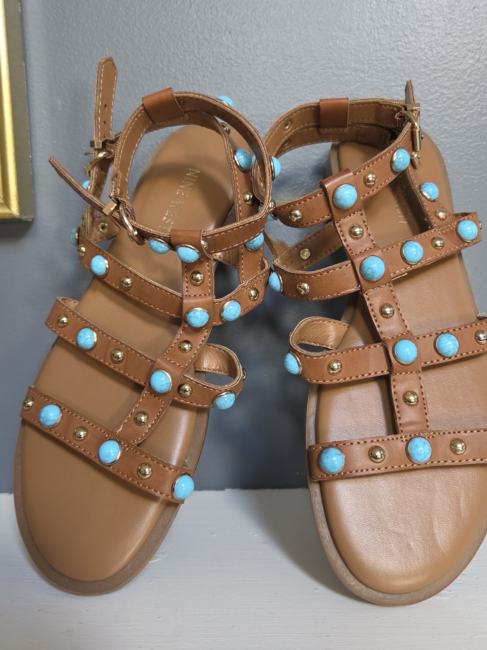 Nine West Tan Sandals with Turquoise & Gold Studs Size 8